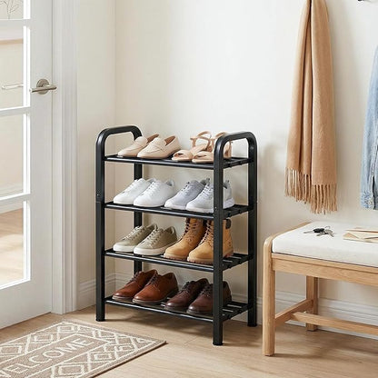 STORAGE MANIAC 4-Tier Expandable Shoe Rack, 16 Pairs Adjustable Shoe Shelf for Closet, Entryway, Hallway, Garage, Dorm, Heavy-duty Metal Shoe Organizer for Small Space, Black