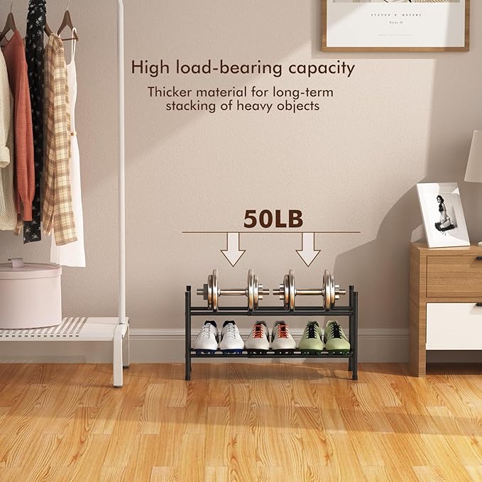Uneviesyka Expandable Shoe Rack, 2 Tier Shoe Rack for Closet, Stackable Adjustable Standing Metal Shoe Shelf Organizer Storage, Small Shoe Racks for Front Door Entrance、Entryway(Black)