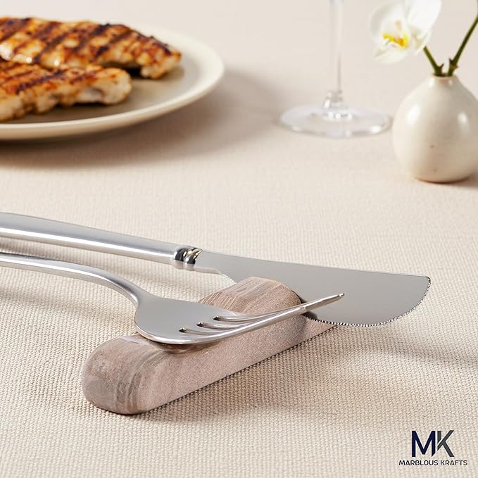 MARBLOUS KRAFTS Marble Utensil Rest Natural Brown for Kitchen Counter, Spoon Rest and Cutlery Holder, Utensil Organizer for Countertop, Keeps Clean, Modern Kitchen Accessory