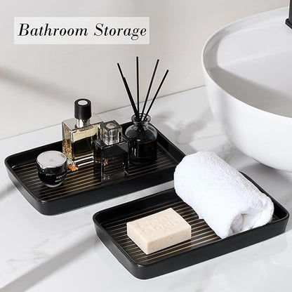 Bathroom Vanity Tray for Countertop,2PC Rectangle Striped Tray,Decorative Bathroom Organizer for Scrubber, Lotion Bottles, Perfume, Jewelry, Candle, Key Trinket Ring(Large,Black)