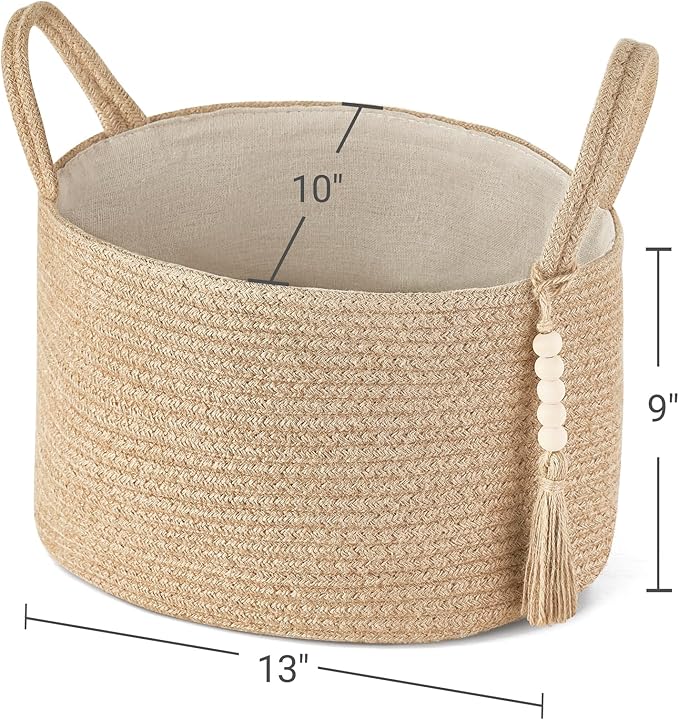 Mkono Storage Basket for Toilet Paper Boho Bathroom Decor Woven Rope Towels Toiletries Tray Organizer with Handles for Shelf Countertop Bedroom Living Room, Jute, 13" L x 10" W x 9" H