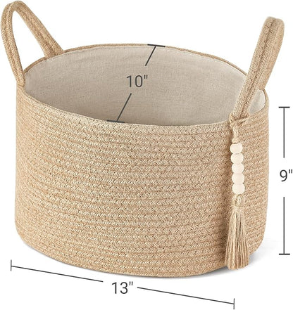 Mkono Storage Basket for Toilet Paper Boho Bathroom Decor Woven Rope Towels Toiletries Tray Organizer with Handles for Shelf Countertop Bedroom Living Room, Jute, 13" L x 10" W x 9" H