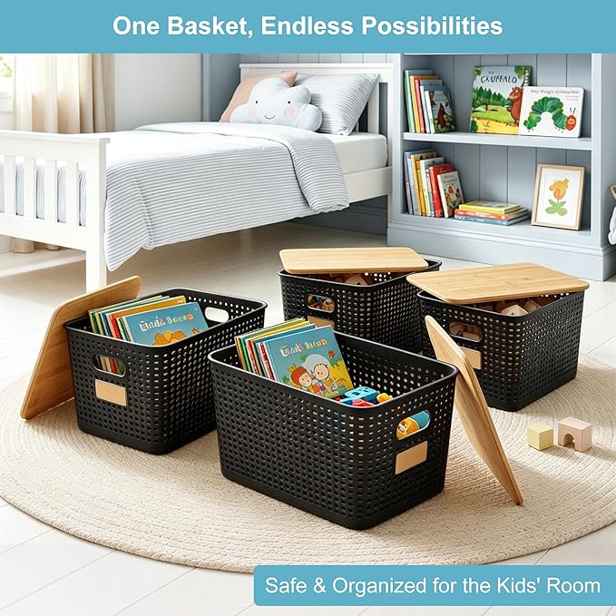Bagnizer 2 Pack Tall Plastic Storage Bins with Bamboo Lids, 10.8qt Stackable Storages Baskets for Organizing Desktop Closet Playroom Classroom Office, 12"L x 8.3"W x 6.1"H, Black