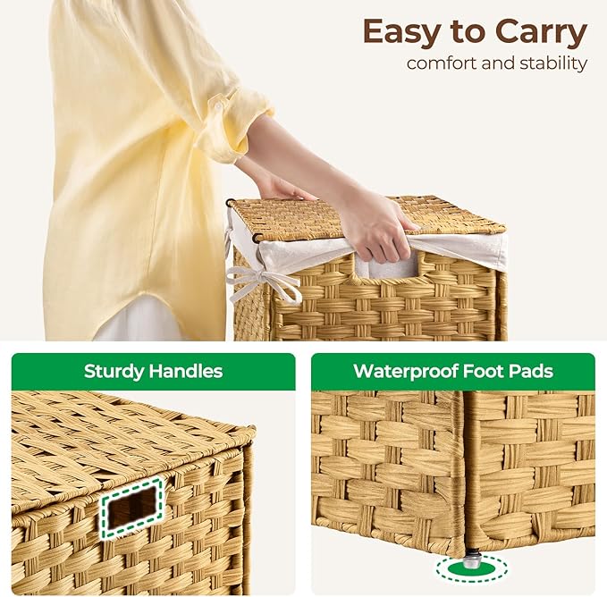 GREENSTELL Storage Basket with Lid, 17.2 Gallon(65L) Small Wicker Blanket Storage Basket with Handles, Foldable, 2 Removable Liner Bags, Metal Frame, for Bedroom, Laundry Room, Natural