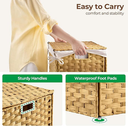 GREENSTELL Storage Basket with Lid, 17.2 Gallon(65L) Small Wicker Blanket Storage Basket with Handles, Foldable, 2 Removable Liner Bags, Metal Frame, for Bedroom, Laundry Room, Natural