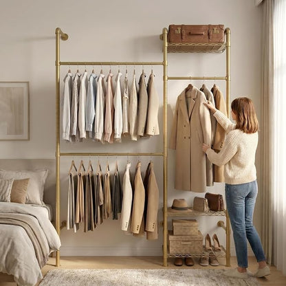 Wall Mounted Closet System – Adjustable Clothing Rack with 2 Expandable Rods & 3 Shelves, Heavy Duty Industrial Pipe Clothes Rack for Closet Organizer and Storage, Gold