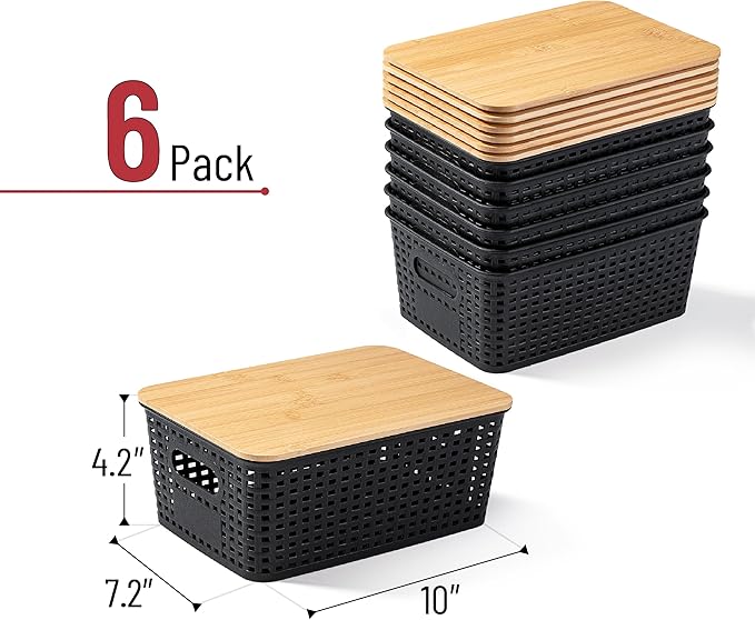 BAMBOO LAND- Plastic Storage Baskets with Bamboo Lid, 6 pcs, Black Small Pantry Storage Baskets with Lids