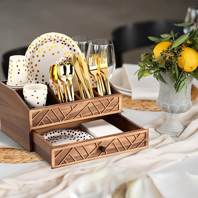 Marsui Paper Plate Dispenser, Wood Rustic Paper Plate Holder for Countertop with Drawer Silverware Utensil Caddy, Cutlery Flatware Organizer for Spoon Fork Napkins Kitchen Parties(Wood-burned Brown)