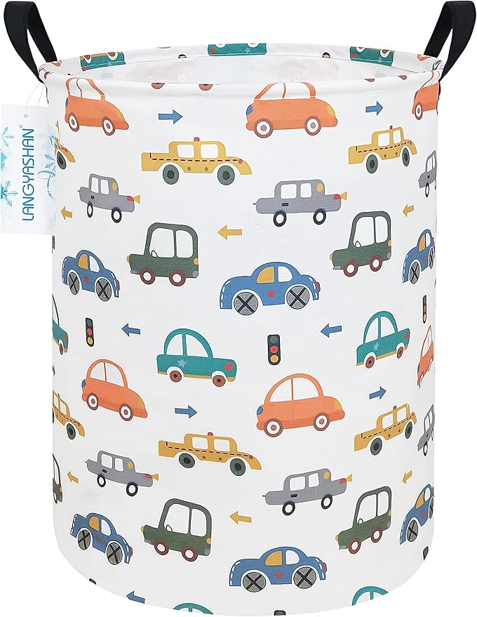 Laundry Basket Canvas Fabric Collapsible Organizer Basket for Storage Bin Toy Bins Gift Baskets Bedroom Clothes Children Nursery Hamper (Round Color Cars)