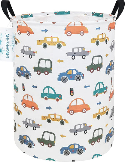 Laundry Basket Canvas Fabric Collapsible Organizer Basket for Storage Bin Toy Bins Gift Baskets Bedroom Clothes Children Nursery Hamper (Round Color Cars)