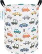 Laundry Basket Canvas Fabric Collapsible Organizer Basket for Storage Bin Toy Bins Gift Baskets Bedroom Clothes Children Nursery Hamper (Round Color Cars)