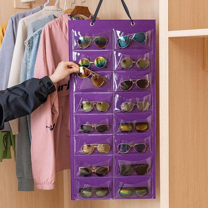 Lolalet Sunglasses Organizer, Hanging Sunglass Holder Organizer for Wall 16 Slots Double Sided Glasses Organizer -Purple, 1 Pack