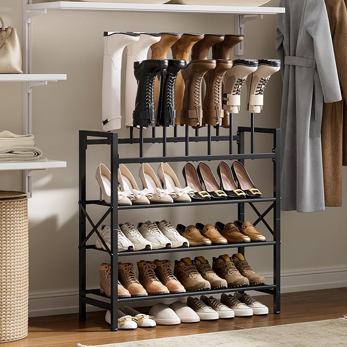 Free Standing Shoe Racks, 5-Tier Boot Rack Organizer for Tall Boots, Sneakers, High-Heel, Black Metal Shoe Storage for Dorm Room, Closet, Entryway, Hallway, Black, Holds 6 Pairs