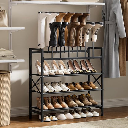 Free Standing Shoe Racks, 5-Tier Boot Rack Organizer for Tall Boots, Sneakers, High-Heel, Black Metal Shoe Storage for Dorm Room, Closet, Entryway, Hallway, Black, Holds 6 Pairs