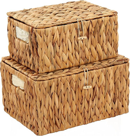 Edergoo Wicker Basket with Lid, Water Hyacinth Storage Baskets for Shelves, Large & Small Storage Basket with Lid and Built-in Handles, Hand Woven Hyacinth Baskets 2 Pack