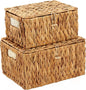 Edergoo Wicker Basket with Lid, Water Hyacinth Storage Baskets for Shelves, Large & Small Storage Basket with Lid and Built-in Handles, Hand Woven Hyacinth Baskets 2 Pack