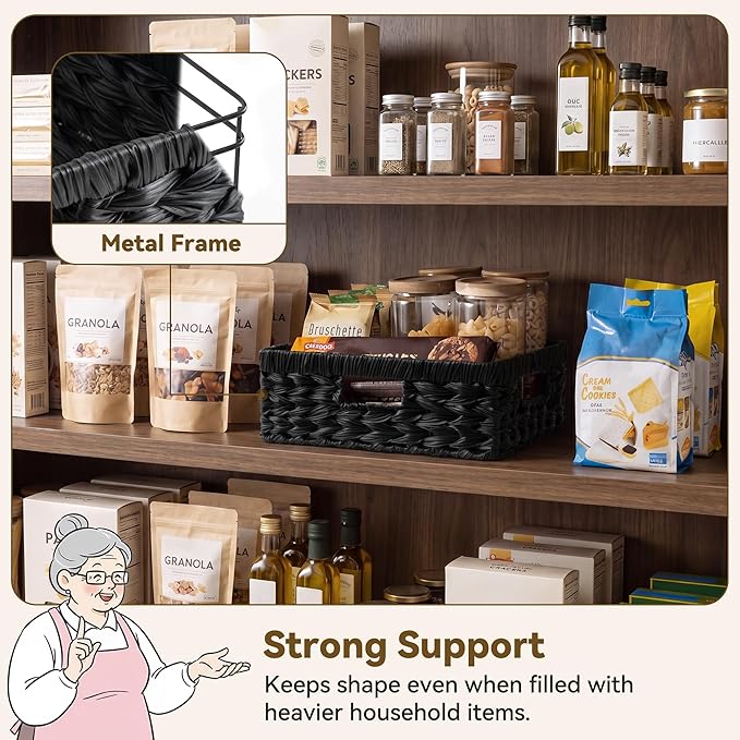 GRANNY SAYS Wicker Basket for Organizing, Wicker Storage Baskets for Shelves, Woven Baskets for Pantry Storage, Shallow Basket, Black, 1Pack