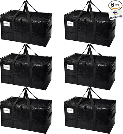RUGGED RHINO 6 Pack Heavy Duty Extra Large Moving Bags, Durable Bag with Strong Handles and Zipper, Moving Boxes Alternative for College Packing, Holiday Décor, Space Saving Storage with Label, Black