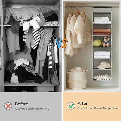 MAX Houser 6 Tier Shelf Hanging Closet Organizer, Closet Hanging Shelf with 2 Sturdy Hooks for Storage, Foldable (Light Grey)