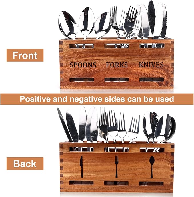 Acacia Wood Silverware Caddy Wooden Flatware Cutlery Holder Silverware Organizer Storage Small Utensil Holder for Kitchen Counter Spoon and Fork Holder Flatware Utensil Caddy for Party