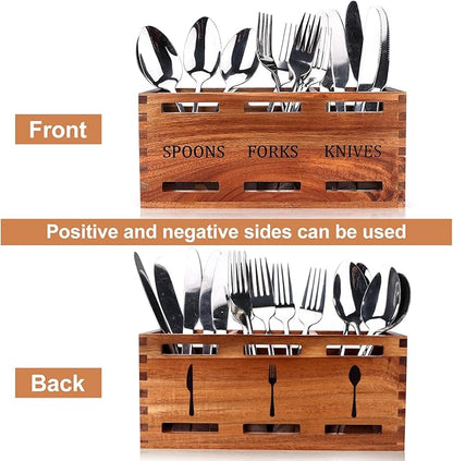 Acacia Wood Silverware Caddy Wooden Flatware Cutlery Holder Silverware Organizer Storage Small Utensil Holder for Kitchen Counter Spoon and Fork Holder Flatware Utensil Caddy for Party