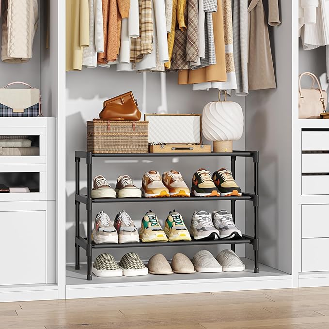 Simple Trending Shoe Rack, 3-Tier Shoe Organizer, Non-Woven Shoe Shelf Storage for Closet, Entryway, Bedroom, 27.5" Wide, Black