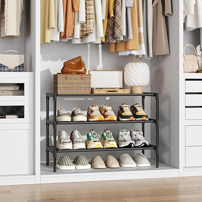 Simple Trending Shoe Rack, 3-Tier Shoe Organizer, Non-Woven Shoe Shelf Storage for Closet, Entryway, Bedroom, 27.5" Wide, Black