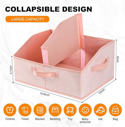 Closet Storage Bins 6 Pack, Large Closet Organizer Baskets with Divider & Handles,Trapezoid Fabric Shelf Organizers, Collapsible Storage Cubes for Clothes, Towels, Toys - Pink
