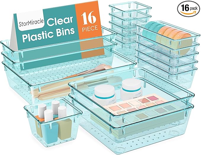 StorMiracle 16 PCS Drawer Organizer Set, 5 Varied Size Bathroom and kitchen Drawer cabinet organizer Trays, Clear Storage Bins for Makeup, Jewelry, Utensils and Gadgets