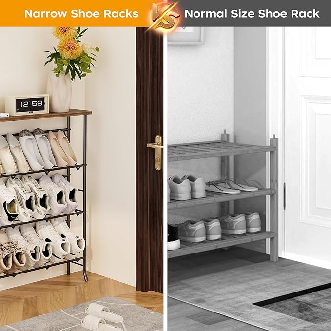 JZM Shoe Rack Storage, Narrow 4 Tier Metal Shoe Storage Shelf, Free Standing Shoe Racks, Space Saving Shoe Rack Organizer for Entryway, Hallway, Bedroom, Living Room(12-16 Pair)