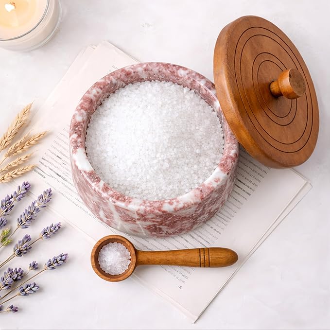 Marble salt cellar with lid and spoon, salt container with spoon, salt bowl with acacia wood lid, salt holder for countertop, salt jar - Red