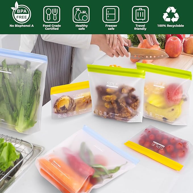 SPLF 10 Pack Stand-Up Reusable Snack Bags Dishwasher Safe, BPA Free Food Storage Bags, Extra Thick Leakproof Freezer Bags Silicone Snack Pouch For Candy, Fruits, Cereal, Home Organization