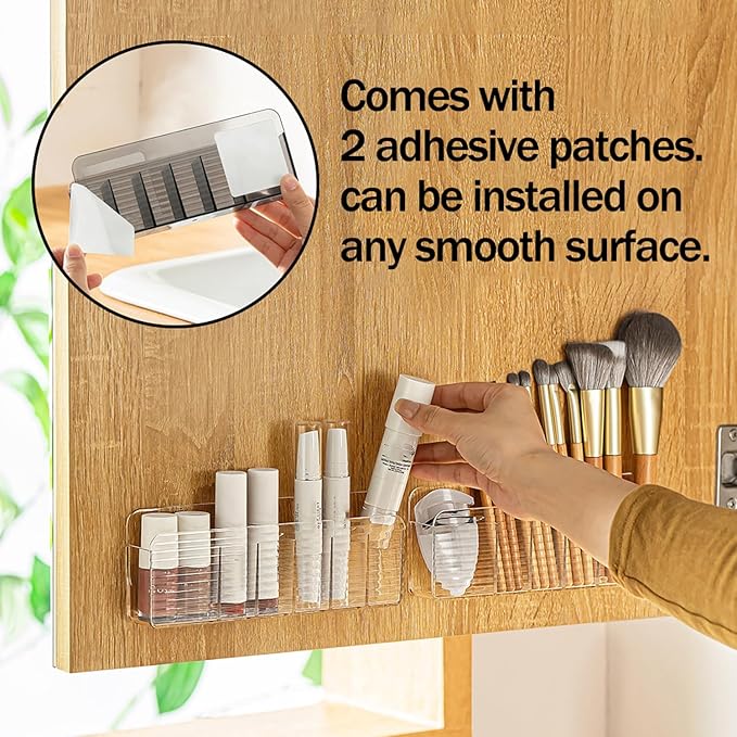 Bathroom Medicine Cabinet Organizer Set, Small Narrow Compact Shelves Holder Compartments for Lipstick, Facial Mask, 2 Pcs Trays for Cabinet Wall, Vanity - Clear