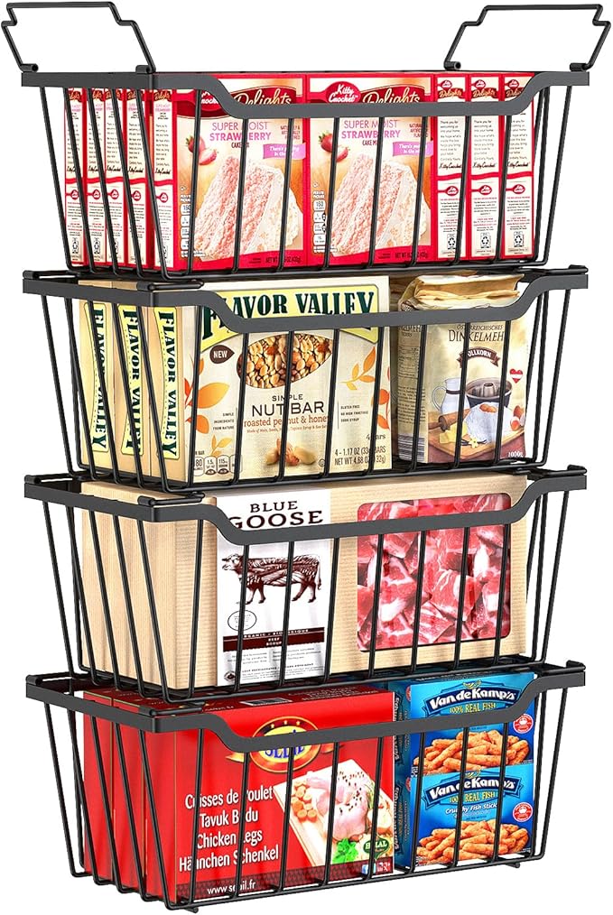 SUNALLY Freezer Organizer Bins, 4 Pack Stackable Chest Freezer Organizer for 5-7 Cu.FT Deep Freezer Sort Frozen Meats and Food, Freezer Storage Baskets with Handles Easy Reach from Bottom, Black