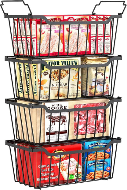 SUNALLY Freezer Organizer Bins, 4 Pack Stackable Chest Freezer Organizer for 5-7 Cu.FT Deep Freezer Sort Frozen Meats and Food, Freezer Storage Baskets with Handles Easy Reach from Bottom, Black