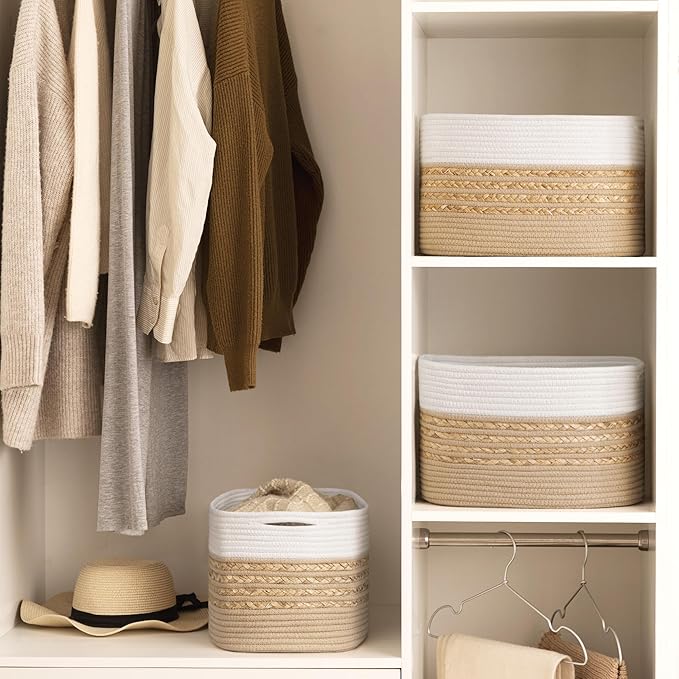 UBBCARE 4 Pack Baskets for Organizing, Woven Storage Baskets for Toys and Towel, Rectangle Cotton Rope Basket with Handles, 14''L x 8''W x9''H, Brown
