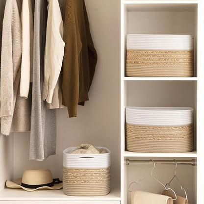 UBBCARE 4 Pack Baskets for Organizing, Woven Storage Baskets for Toys and Towel, Rectangle Cotton Rope Basket with Handles, 14''L x 8''W x9''H, Brown