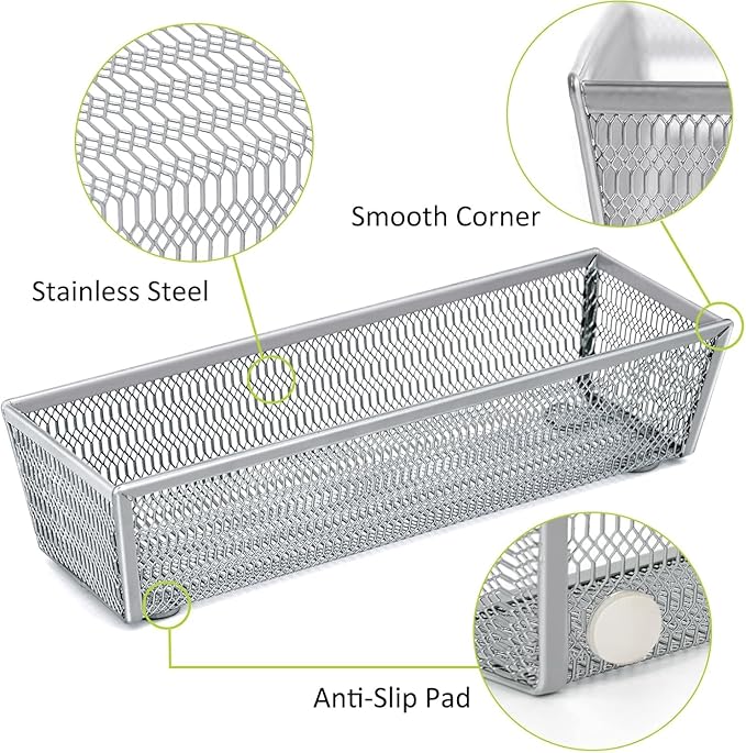 Neudeco Drawer Organizer Set 5 Pack - 4-Compartment Silverware Organizer Tray + 4 Utensil Trays, Kitchen Drawer Organizer for Flatware, Cutlery, Office Supplies, Silver Mesh, Non-Slip,Silver