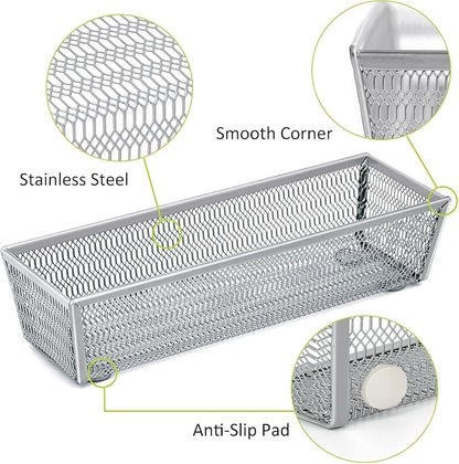 Neudeco Drawer Organizer Set 5 Pack - 4-Compartment Silverware Organizer Tray + 4 Utensil Trays, Kitchen Drawer Organizer for Flatware, Cutlery, Office Supplies, Silver Mesh, Non-Slip,Silver
