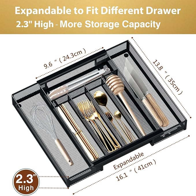 Sedegn Silverware Organizer Metal Mesh, Drawer Organizer, Utensil Cutlery Tray for kitchen drawers,Expandable Flatware Organizer with 7 Compartment Black 9.6"~16.1" x 13.8"