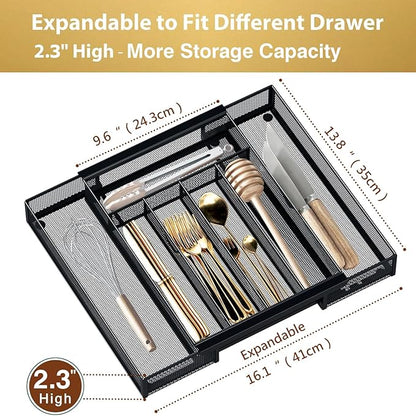 Sedegn Silverware Organizer Metal Mesh, Drawer Organizer, Utensil Cutlery Tray for kitchen drawers,Expandable Flatware Organizer with 7 Compartment Black 9.6"~16.1" x 13.8"