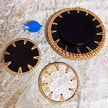 6" Mini Lazy Susan Turntable with 2 Rattan Coasters – Mother of Pearl Rotating Tray for Coffee Bar, Vanity, or Tabletop – Small Boho Decor for Condiments, Perfume & Jewelry Display