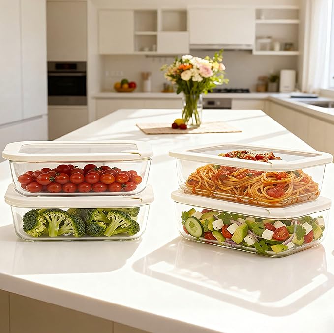 Urban Green Glass Food Storage Containers with Glass Lids, Microwave Safe Food Container Set, Airtight Food Container Set, LeakProof, 100% Plastic Free, White Color, 4pack