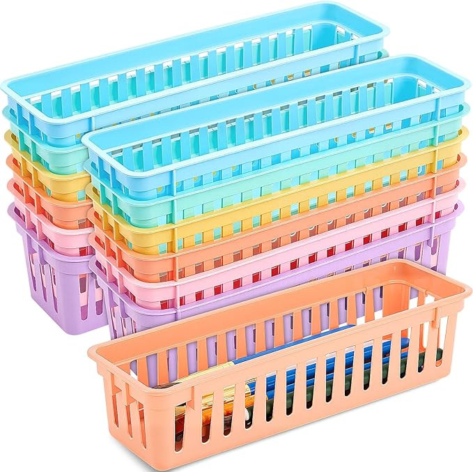 Domensi 12 Pack Slim Plastic Storage Baskets Tray for Organizing 10.25x3.25x2.5 Inch Small Narrow Storage Bins Stackable Drawer Pencil Trays Holder for Desk Garage Cabinet Container (Vivid Colors)