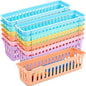 Domensi 12 Pack Slim Plastic Storage Baskets Tray for Organizing 10.25x3.25x2.5 Inch Small Narrow Storage Bins Stackable Drawer Pencil Trays Holder for Desk Garage Cabinet Container (Vivid Colors)