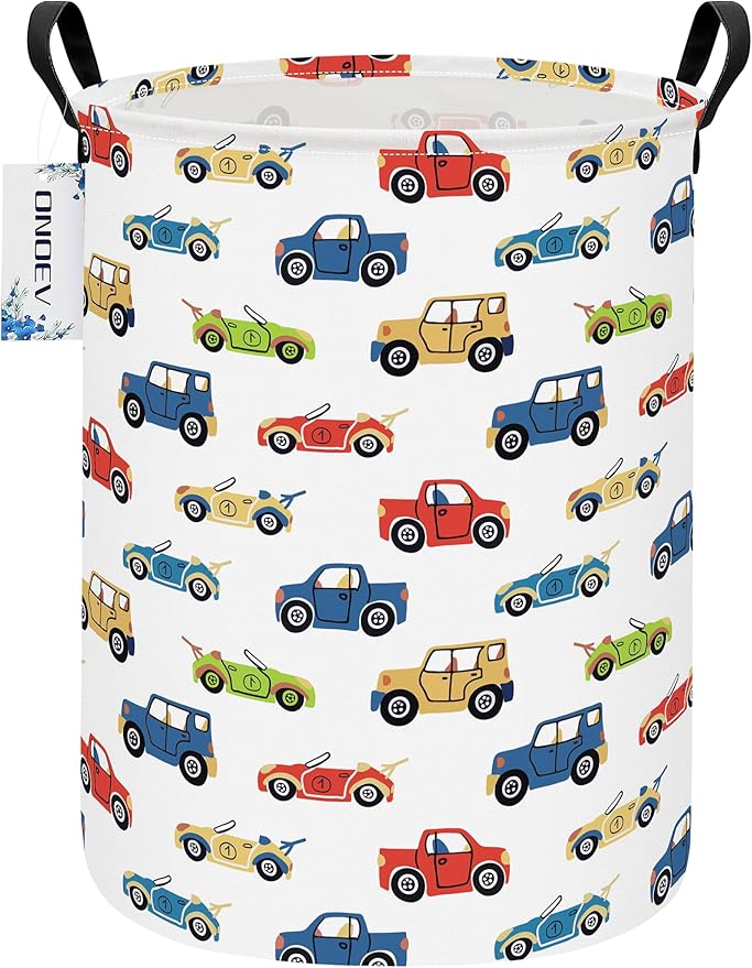 Round Car Themed Laundry Basket,Collapsible Laundry Hamper for Boys,Cute Vehicle Truck Print Storage Bin,Waterproof Toy Storage for Kids Room,Nursery,Playroom,New Parent Gift (Car)