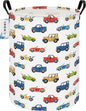 Round Car Themed Laundry Basket,Collapsible Laundry Hamper for Boys,Cute Vehicle Truck Print Storage Bin,Waterproof Toy Storage for Kids Room,Nursery,Playroom,New Parent Gift (Car)