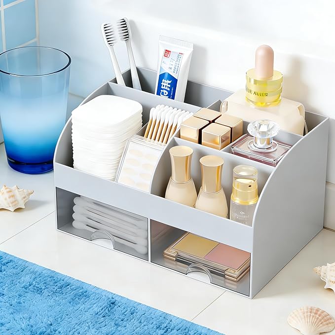 Makeup Organizer with 2 Drawers, Cosmetic Storage for Dresser Vanity and Bathroom Countertop,Make up organization and Skincare Storage with Beauty Brush Holder, Cosmetic Display Case (Grey)