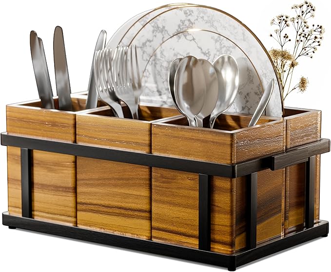 Acacia Silverware Caddy for Parties, Utensil Caddy with Paper Plate Dispenser, 4-Compartment Cutlery Flatware Organizer for Spoons, Forks, Napkins - Black Painted Wood Frame