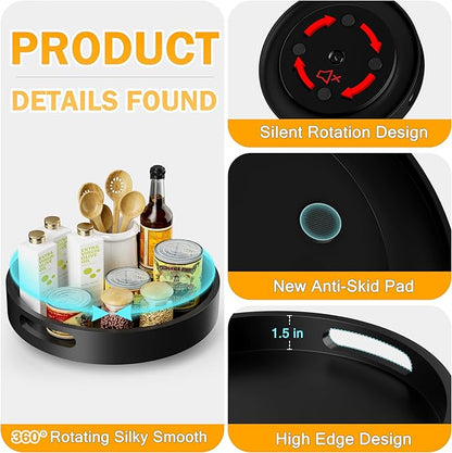 Lazy Susan Organizer Homerays 13 Inch Non-Skid Bamboo Lazy Susan for Kitchen Rotating Spice Rack with Handles, Wood Turntable for Kitchen Cabinet,Countertop (Black, Large)